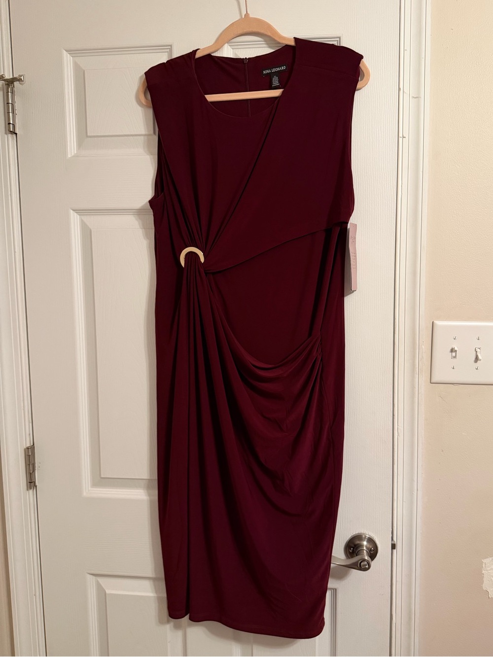 Nina Leonard Wine Sleeveless Midi Dress with Gold Ring Detail